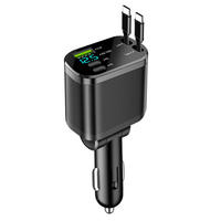 Pengisi Daya Mobil Kabel Retraktil 4 in 1 65W Pengisian Super Cepat dengan Layar Tampilan Tegangan untuk iPhone Samsung