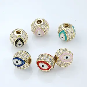 Cuentas en forma de ojo de 8mm para fabricación de joyas, pulsera de joyería chapada en oro, dos filas de zirconia, espaciador redondo de epoxi, accesorios de joyería