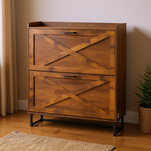 Meuble à chaussures de style farmhouse à 2 tiroirs, 31x9x38 pouces, en bois, avec dispositif anti-basculement, rangement autoportant pour entrée - Product Image 2