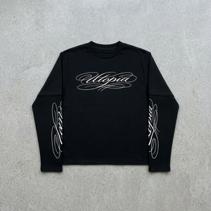 T-shirt à manches longues surdimensionné noir pour homme, 220 grammes, coton sur le devant, streetwear, col rond, imprimé graphique, vêtements décontractés - Product Image 3