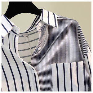 Baumwolle Leinen Single Pocket Color blocking Gestreiftes Hemd Damen Loose <span class=keywords><strong>Casual</strong></span> Top Bluse Mode - Product Image 6