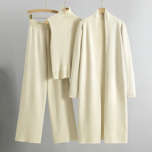 Completo da donna primaverile autunnale casual con <span class=keywords><strong>fiori</strong></span> frontali, due pezzi, <span class=keywords><strong>cardigan</strong></span> e pantaloni in maglia spessa e traspirante - Product Image 5