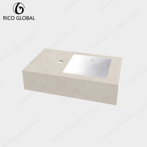 Lavabo Rectangular Moderno para Baño, de Pared, con Acabado Pulido, Grifo de un Solo Orificio y Estante de Drenaje de Madera - Product Image 3
