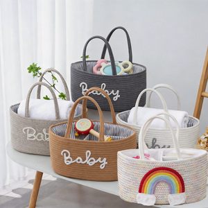 <span class=keywords><strong>Panier</strong></span> de rangement pour couches de bébé en corde de coton écologique, portable, tissé, avec compartiments amovibles pour lingettes et jouets - Product Image 2
