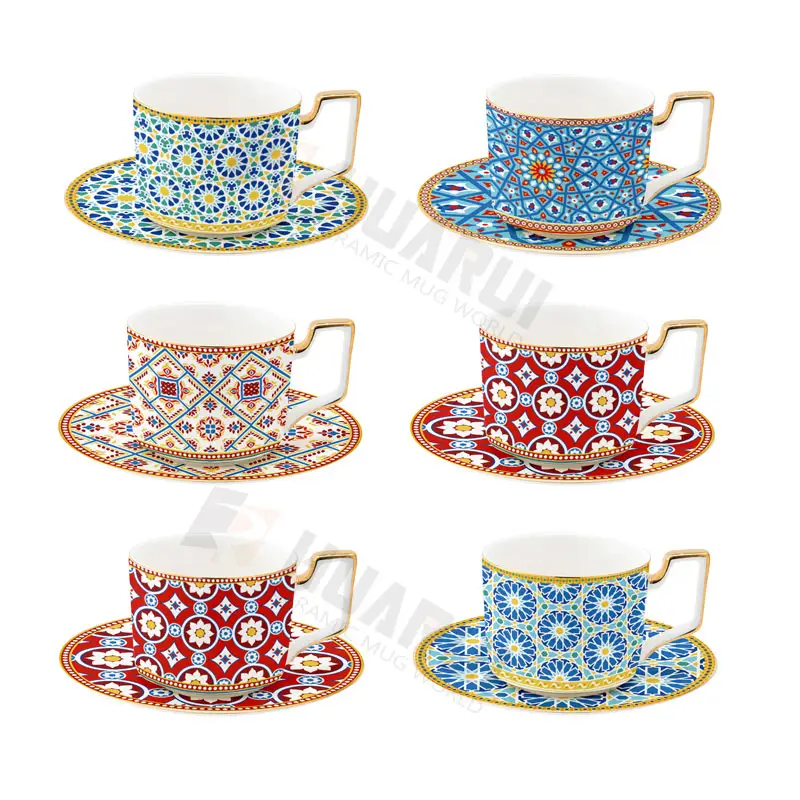 מרוקאי סגנון יוקרה ערבית קפה כוסות ותחתית סט עם זהב הנדל מיוחד קפוצ 'ינו <span class=keywords><strong>קרמיקה</strong></span> אחר הצהריים תה כוס