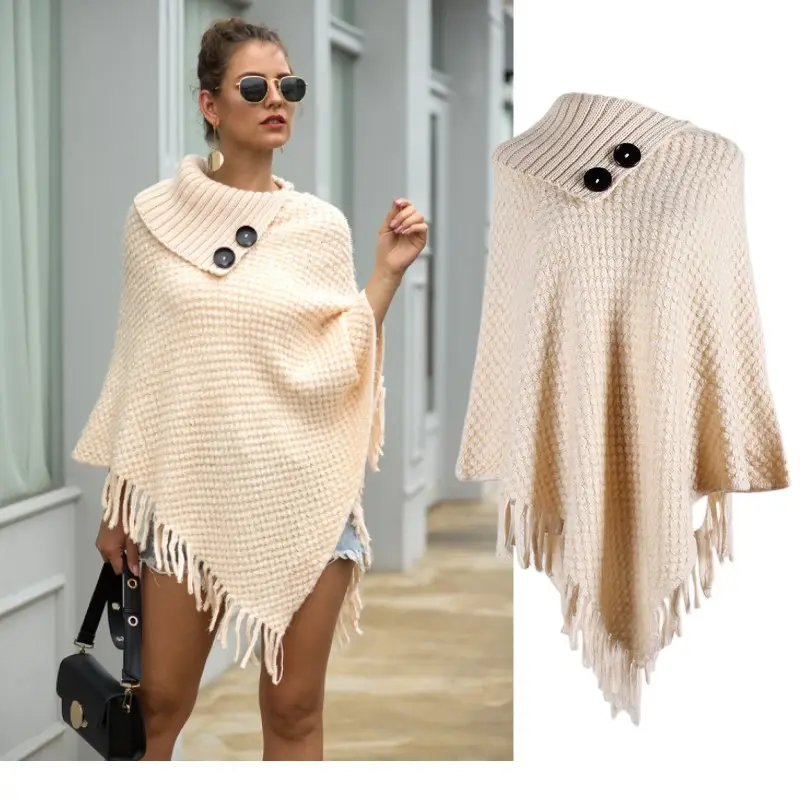 Pull bohème asymétrique pour femme, Poncho surdimensionné, boutons en tricot, tenue d'hiver, pompon, manches chauve-souris, Cape