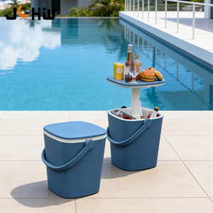 Table de bar réglable en hauteur avec glacière intégrée, table de café, table de bar portable en plastique PP pour extérieur avec poignée et porte-bouteille - Product Image 5