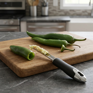 Éplucheur de jalapeños en acier inoxydable 430, éplucheur de piments dentelé avec poignée TPR pour cuisine commerciale et préparation de légumes - Product Image 2