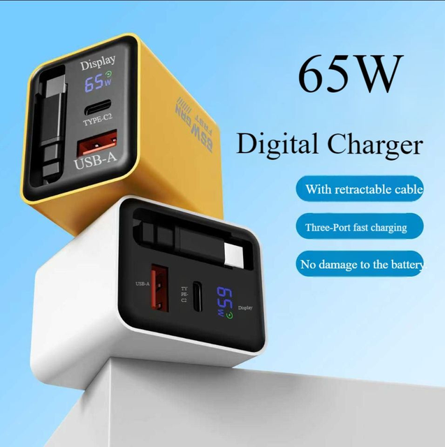 Ai GaN Charger 65w Fast Charger Type C 2 With Retractable Cable & USB Display for Travel Phone Charger Fast Charging