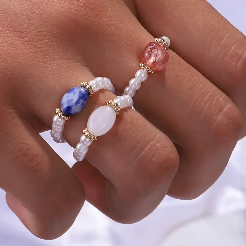 Minimalist Freshwater Pearl Beaded Friendship Ring Stackable Elastic Gold Plated Natural Crystal Stone Ring