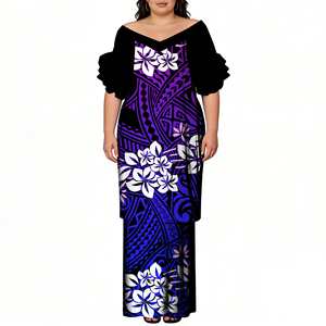 Nouvelle tenue Puletasi personnalisée pour femme, imprimé tribal polynésien, épaules dénudées, manches à volants, motif <span class=keywords><strong>tatouage</strong></span> samoan, jupe longue 2 pièces, vacances à la plage - Product Image 4