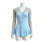 Robe de patinage artistique bleu clair, col en V, manches longues en maille, dos ouvert croisé, jupe courte ornée de strass pour adultes et enfants