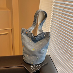 Japanese Niche Creative Feng Shui <b>Bucket</b> Small Bag for Girls' Daily Shopping Travel Embroidered Small Flowers Casual Cotton - Product Image 6