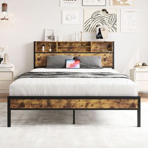 <b>Bed</b> <b>Frame</b> Storage Headboard Metal <b>Platform</b> <b>Bed</b> Charging Station Bookcase Easy Assembly Noise-Free Black No Box Spring - Product Image 1
