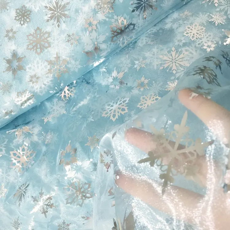 Henry textiles Christmas Organza Gilded Fabric Snow and Snowflake Print Tutu fabric for Performance Costume Cloth