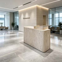 Bureau de réception ovale en marbre naturel de luxe en forme de L avec éclairage LED intégré, style européen moderne pour hôtels de charme