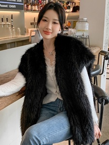 Gilet en fausse fourrure de <span class=keywords><strong>renard</strong></span> kaki Zeyu pour femme, collection hiver 2026, chaud, mi-long, ouvert sur le devant, sans manches, duveteux, manteau sans manches pour femme - Product Image 4