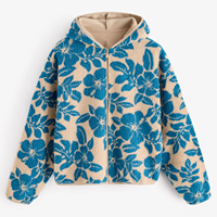 Veste Sherpa florale personnalisée pour femme, manteau polaire à capuche zippé, sweat-shirt Teddy imprimé fleurs bleues vintage, usine OEM