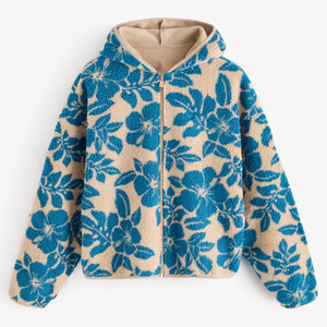 Chaqueta Sherpa Floral Personalizada para <span class=keywords><strong>Mujer</strong></span>, Sudadera con Capucha y Cremallera, Estampado de Flores Azules Vintage, Fabricación OEM - Product Image 4