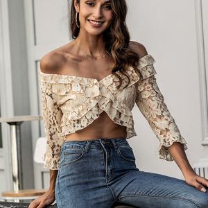 Blusa de encaje de boutique para mujer, camisa/blusa de verano casual, nueva, de manga larga, top corto adelgazante, venta al por mayor - Product Image 4