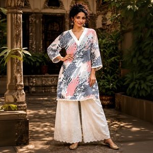 Majestic Horizon Natural Silk Crepe Sultana Pastel Matte Al-Anoud Floral Impressionist Breathable V-neck Apparel Dress Fabric - Product Image 1