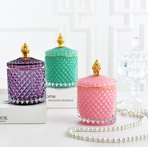 Wholesale Luxury Crystal Geo Cut Glass Candle Candy Jars Container with Lids and Gift Box for Soy Wax Scented Candle Making
