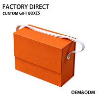 Boîte cadeau rigide à rabat magnétique orange personnalisée avec poignée en cuir PU, boîte en papier pliable imprimée en couleur