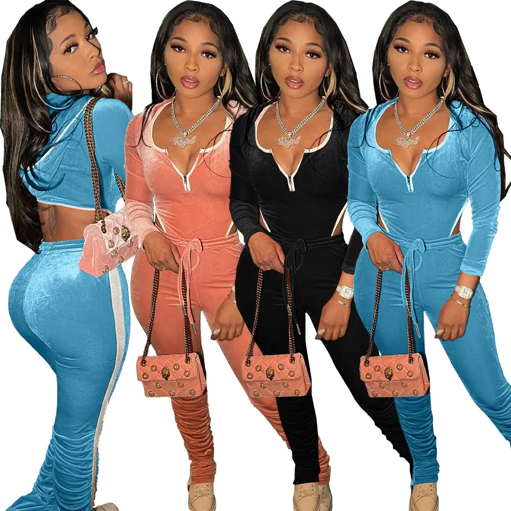 DN8688 Fashion american fall 2023 women clothes sexy velvet crop waist hoodies stacked pants two piece set casual women's sets