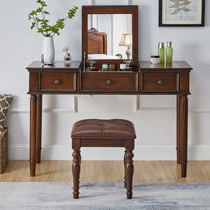 Table de maquillage en bois massif de style américain avec miroir, coiffeuse intégrée pour chambre à coucher, petite console moderne avec rangement - Product Image 4