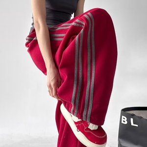 Pantalones de chándal anchos rojos para mujer 2026, nuevos pantalones casuales de cintura alta a rayas, holgados, estilo urbano, para damas - Product Image 6