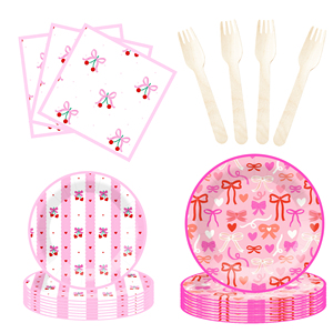 Ensemble de vaisselle jetable personnalisé DAMAI sur le thème du nœud rose pour fête de bébé fille, assiettes en papier, ensemble de dîner, assiettes en papier, gobelets, serviettes - Product Image 1