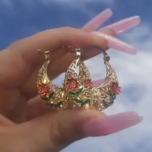 Good Quality Birth of Virgencita Chunky Hoops Earrings Girl 18k Gold Plated Oaxaca Mexican Earrings