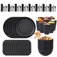 Ensemble de vaisselle en paille de blé noir mat, assiettes, bols, tasses, couverts, écologique, réutilisable, portable, compatible micro-ondes pour la maison et la cuisine