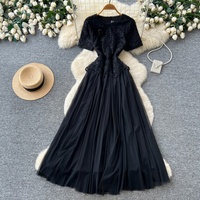 Robe longue décontractée élégante pour femme, rose, à manches courtes, broderie en maille, plissée, coupe trapèze, pour le quotidien et les soirées