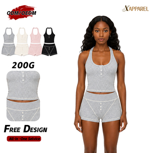 A&J Fabricante OEM ODM con Logotipo Personalizado, Venta al por Mayor, Marca Privada, Conjunto de Top Halter y Pantalones Cortos de Canalé de 200G para Mujer, OEKO-TEX GRS - Product Image 1