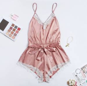 Conjunto de ropa de dormir de seda Sexy para mujer al por mayor, camisetas sin mangas con escote en V profundo, pantalones cortos, encaje seductor, pijamas de encaje firmemente seductor para mujer - Product Image 5