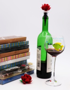 <span class=keywords><strong>Murano</strong></span> arte vetro rosso rosa fiore anello in Silicone metallo supporto tappo per bottiglia di vino per i regali di nozze di san valentino - Product Image 2