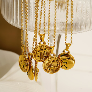 Collar con Colgante del Zodiaco de Doble Cara, Chapado en Oro de 18K, Acero Inoxidable, Resistente al Agua, PVD, Sin Deslustre, Elegante Joyería - Product Image 3