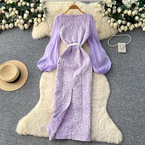 Đầm nữ tay bồng ren tím thanh lịch, đính đá, xẻ tà, ôm dáng, kiểu bodycon, phong cách thường ngày - Product Image 2