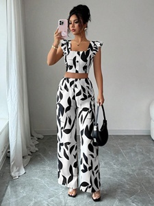 2026 Summer Women's 2 Piece Set Leaf Print Ruffle Sleeve Crop Top High Waist Wide Leg <strong>Pants</strong> Casual Outfit Wholesale - Product Image 2