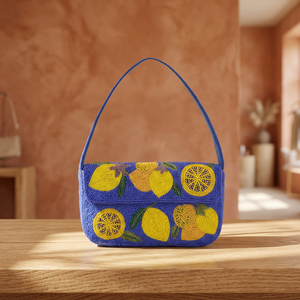 Beaded Flap Shoulder Bag Handmade Blue Lemon Pattern Fashion Evening Party Bag - Product Image 1