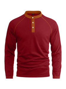Polo Henley à manches longues pour homme, en tricot décontracté, avec empiècements contrastants, respirant, boutonné devant - Product Image 5