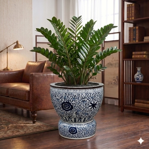 RXGB03-A-LD Cuenco de porcelana de 26 pulgadas con esmalte craquelado azul y blanco entrelazado, diseño floral de peonías, estilo chino, con <span class=keywords><strong>maceta</strong></span> a juego y accesorios separados - Product Image 4