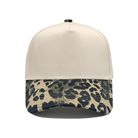Casquettes de baseball BSCI en gros personnalisées en tissu Oxford Dobby imprimé léopard, à 5 panneaux, style trucker, bicolores, avec visière à motif feuilles de camouflage et fermeture snapback