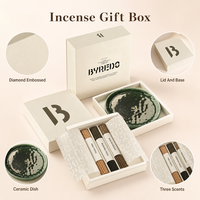 Boîte cadeau personnalisée pour encens avec couvercle et base, papier ivoire gaufré diamant, ensemble de 3 parfums, plat en céramique, OEM