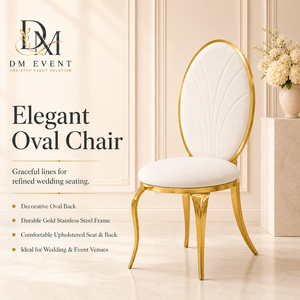 Silla de banquete ovalada de acero inoxidable dorado al por mayor con respaldo alto y tapicería con costuras en abanico para eventos de bodas y hoteles - Product Image 1