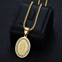Nouveau pendentif religieux catholique pour enfants, style hip-hop, Vierge Marie de Guadalupe, rond, en acier inoxydable plaqué or, pour collier