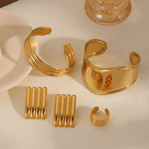 Minimalist Luxury Gold Jewelry Set Geometric U Shape <b>Adjustable</b> <b>Bracelet</b> Ring Women's Everyday Wear 18K Gold Plated - Product Image 2