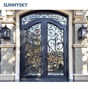 Sunnysky Custom Dubbele Vooringang Smeedijzeren Deur Bedienbaar Gehard Regenglas Exterieur Swing Design - Product Image 1
