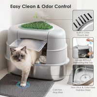 Bac à litière pour chat en acier inoxydable triangulaire XXL, grand format, facile à nettoyer, anti-odeurs, durable, avec plante artificielle cachée